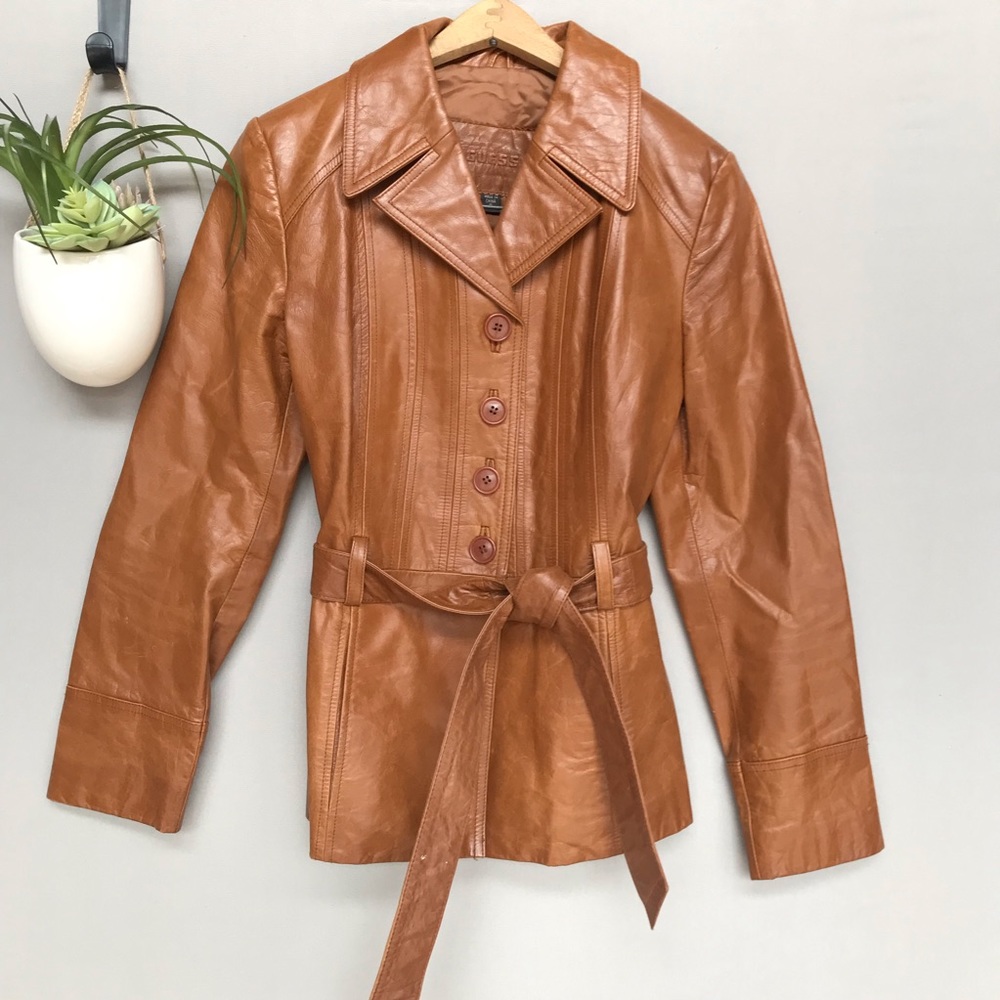 Guess Belted Genuine Leather Brown Jacket Small